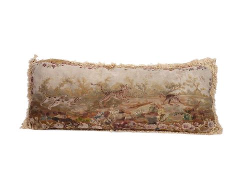 A LARGE MODERN CUSHION FACED WITH AN 18TH CENTURY NEEDLEWORK PANELDepicting dogs chasing wild cats in forest setting approxim