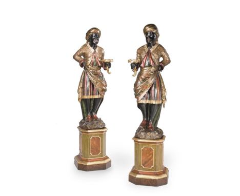 A GOOD PAIR OF CARVED AND POLYCHROME STANDING 'BLACKAMOOR' FIGURES VENETIAN, 19TH CENTURY  Depicted standing, turban and robe