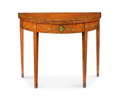 Y A GEORGE III SATINWOOD AND POLYCHROME PAINTED DEMI-LUNE CARD TABLE RETAILED BY S & H JEWELL OF LONDON, CIRCA 1790The hinged