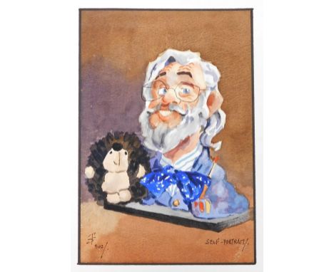 Terry Shelbourne (1930-2020). Caricature, self portrait, watercolour, signed and dated 4.02., 27cm x 18cm, unframed.
