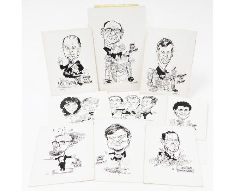 Terence Shelbourne (1930-2020). A group of pen and ink caricatures, to include On The Bench, Count On John, three figures dri