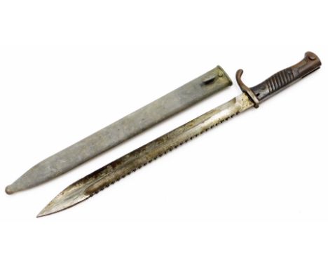 A bayonet, with razor edge marked Solingen with shaped grip and scabbard, 50cm long. 