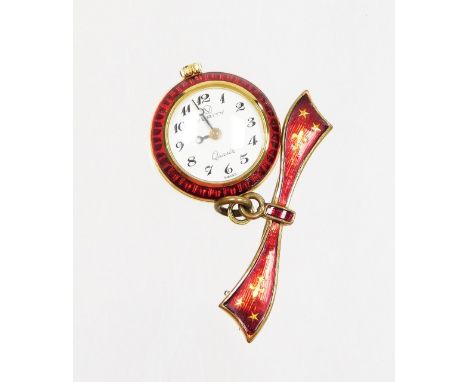 A Verity fob watch, with bow brooch top and small fob watch base, with red enamel and gilt decoration, on a gilt metal brooch