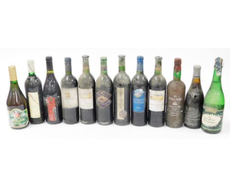 A crate of assorted wines, to include Sunnycliff Shiraz 1999, Thornecroft Elderflower Champagne, Napoleon Brandy, Calem Port 