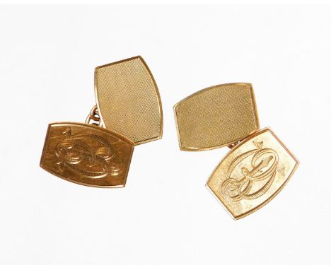 A set of 9ct gold cuff links, with engine turned decorated, the back with striped engine turn decoration the front bearing th