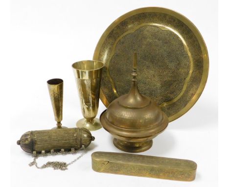 Various Eastern copper, to include a goblet, of tapered hammer form on circular foot, a rectangular trinket box, with pullout