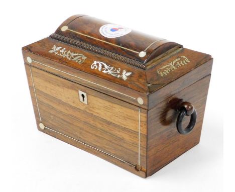 A Victorian rosewood inlaid tea caddy, the dome top with mother of pearl inlay, on two wooden ring handles with a mother of p