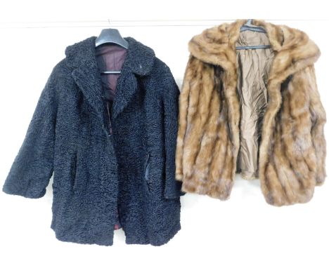 Two ladies vintage jackets, to include a fur coat with brown lined interior with gold motifs and bearing the name Sheila, tog