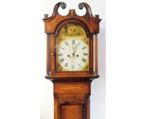 A mid 19thC mahogany longcase clock, on an 8-day chiming movement, with painted clock face, with flowers and figures, Roman N