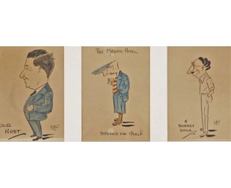 R H. A group of three cartoon pictures, titled Our Host, the Magpie Hotel Speaks for Itself and A Surrey Smile, two signed RH