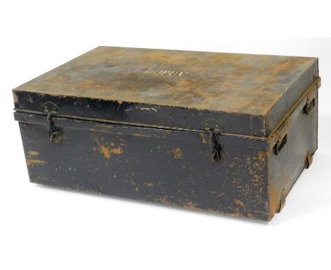An early 20thC tin travel trunk, bearing the name Dupuy, with two lock clasps, and two carrying handle to each side, with woo