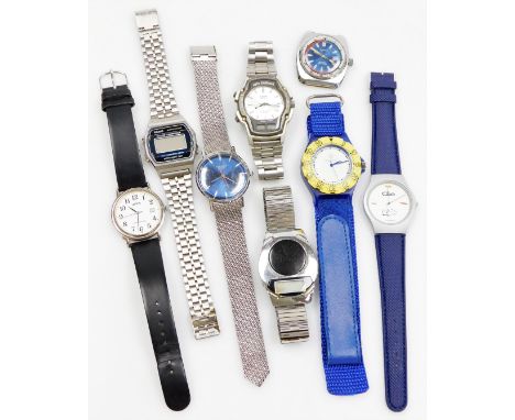 A group of wristwatches, to include a Casio gents wristwatch, Renault and Clio watches, a Timex Sekonda, Lorus, etc. (1 tray)