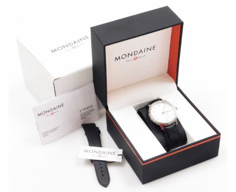 A Mondaine gentlemans wristwatch, Helvetica Swiss model, with white dial in a stainless steel case, on a leather strap with a