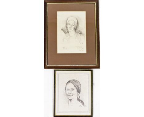 Terence Shelbourne (1930-2020). Female portrait, signed and dated 1975, 24cm x 18cm, framed and glazed, and another titled 'C