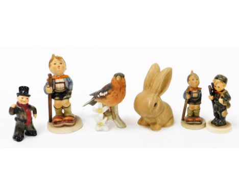 A group of ornaments, to include a Sylvac rabbit, Goebel bird and figures of children. (6)