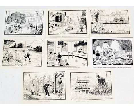 Terence Shelbourne (1930-2020). A group of pen and ink cartoons relating to various Grantham Scenes, to include Abbey Gardens
