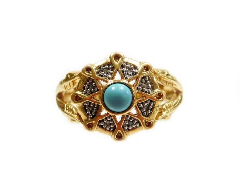 A turquoise and diamond floral cluster ring, with central turquoise stone, and various pave set diamonds, with V design shoul