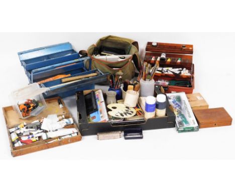 A large quantity of artists materials, to include pallets, paints, brushes, tools, etc. (a quantity)