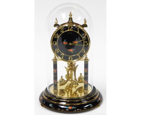 A Kundo glass domed mantel clock, the black coloured face with rose and flower enamel decoration and tapered stems, with an o
