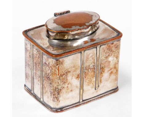 An early 19thC old Sheffield plate tea caddy, of rectangular boxed form with oval lift up lid, unmarked, 10cm high, 10cm wide