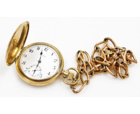 A Record gold plated Hunter pocket watch and chain, with internal engraving presented to A.L.Cleasby by Kendall CWS for 51 ye