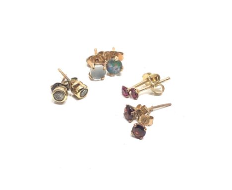 4 x 9ct gold vintage diamond, ruby, opal &amp; garnet stud earrings (2.7g) 