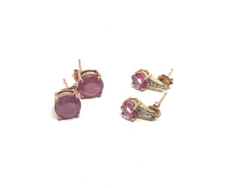 2 x 9ct gold stud earrings inc. ruby, diamond &amp; pink topaz (3.9g) 