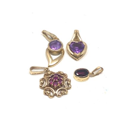 4 x 9ct gold vintage amethyst, garnet &amp; ruby pendants (5.2g) 