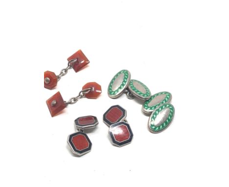 3 X Vintage Sterling Silver Cufflinks Including Enamel (26g) 