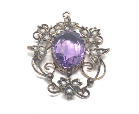 9ct gold antique amethyst &amp; seed pearl  pendant (3.6g) 