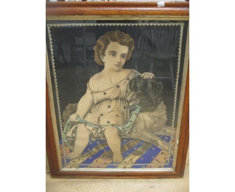 A Victorian maple framed decorative coloured print of a child with a dog