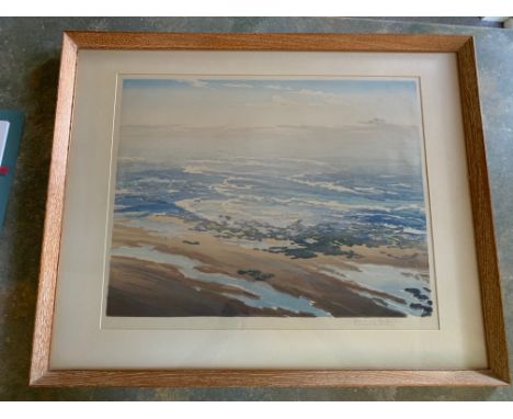 Beach scene under blue skies, woodblock print, signed 'Cavendish Morton, Concord Morton', 40 x 49cm