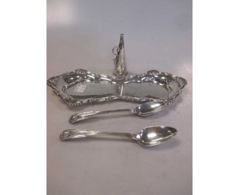 A silver candle snuffer tray, together with a silver candle snuffer and two teaspoons, 10.2ozt gross (4)