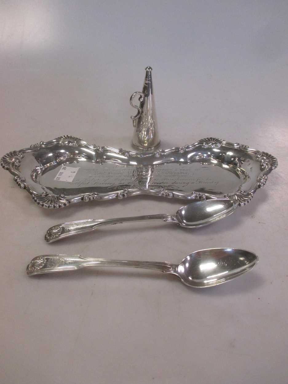 A silver candle snuffer tray, together with a silver candle snuffer and