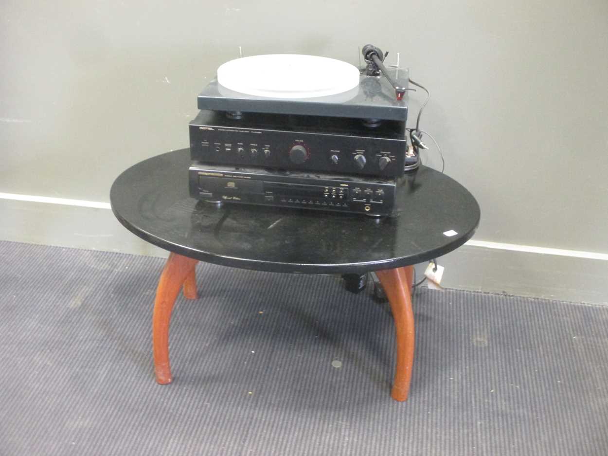 A glass top coffee table, another with painted oval top and an Ercol nest of 3 tables and a lamp