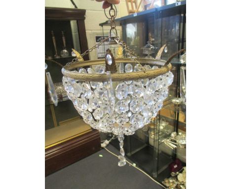 A glass 'crystal' bead ceiling basket light, two smaller similar and a pair of 1950's wall lights, and sundry wall lights/fit