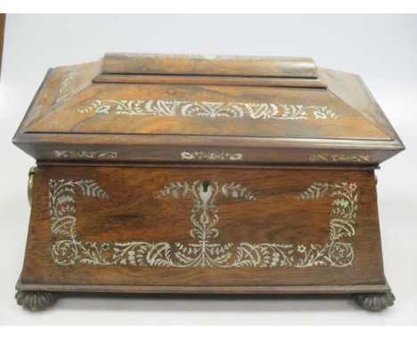 An early 19th century mahogany slope top knife box converted for stationary, together with a William IV rosewood tea caddy wi