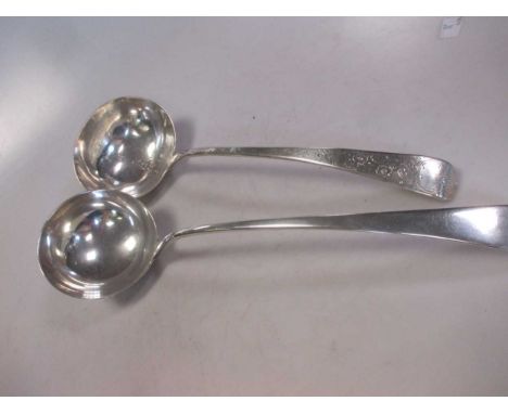 Two Georgian silver soup ladles, one with probably later decoration, 11.4ozt gross (2)