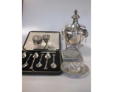 A cased set of six pierced silver grapefruit spoons with knife, together with a middle Eastern metalwares box (marked to unde