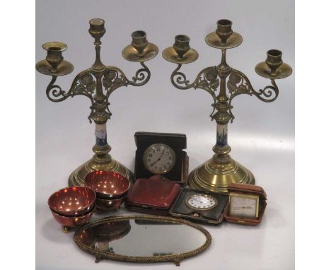 A pair of brass and ceramic three light candelabra with flowerhead design, 37cm high, lacking drip pans, and various other me
