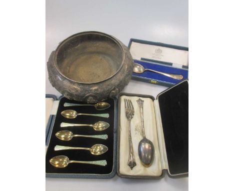 A set of 6 silver gilt &amp; enamel coffee spoons, art deco, cased. A silver christening spoon, cased. A silver Albany patter