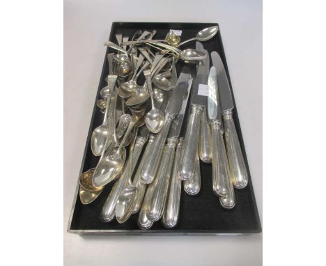 A collection of Georgian and later silver teaspoons, cruet spoons etc and a set of 12 silver handled knives (qty)