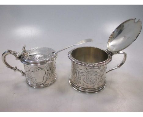 Two Victorian silver drum mustards, one with an earlier spoon and blue glass liner, 8.4ozt gross weighable silver (3)