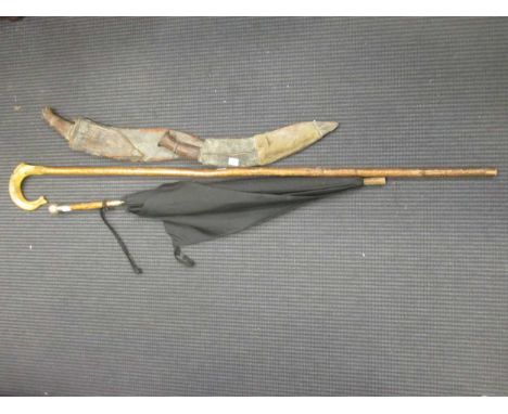 Two early 20th century crooks, an Edwardian umbrella, and a tall walking stick with moulded horn fish handle