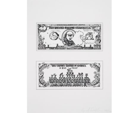 Öyvind Fahlström (1928-1976)$108 Bill, from the New York Collection for Stockholm PortfolioLithograph, 1973, signed in pencil