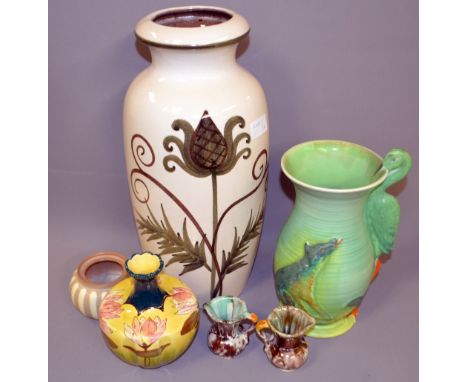 A Burleigh relief decorated studio vase, together with other studio pottery 