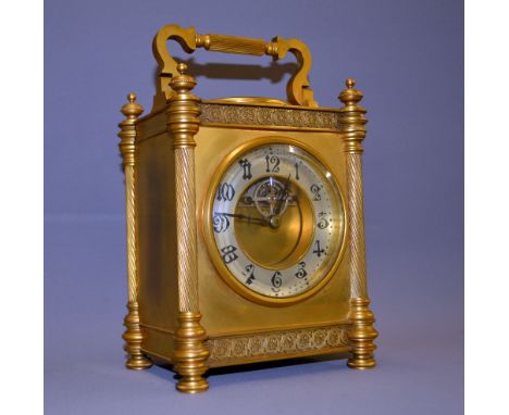 A large French gilt-brass carriage clock, thermometer and compass compendium, having a silvered chapter-ring with Arabic nume