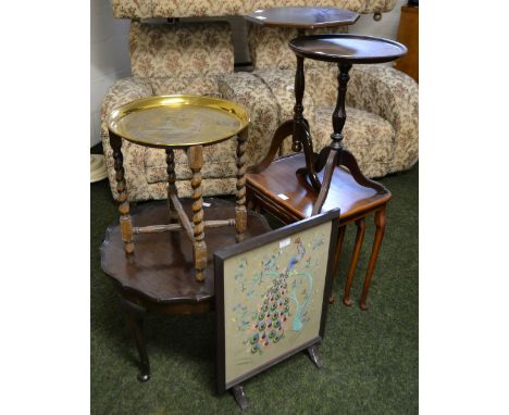 A nest of three tables, two occasional tables, a tapestry fire screen, a folding brass topped table and another occasional ta