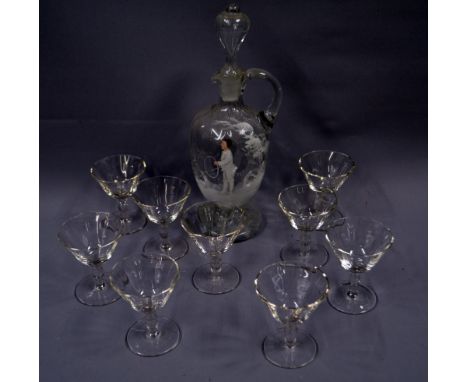 A Mary Gregory style licquer decanter, and a set of eight antique glasses
