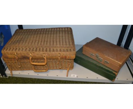A wicker picnic hamper and two hampers